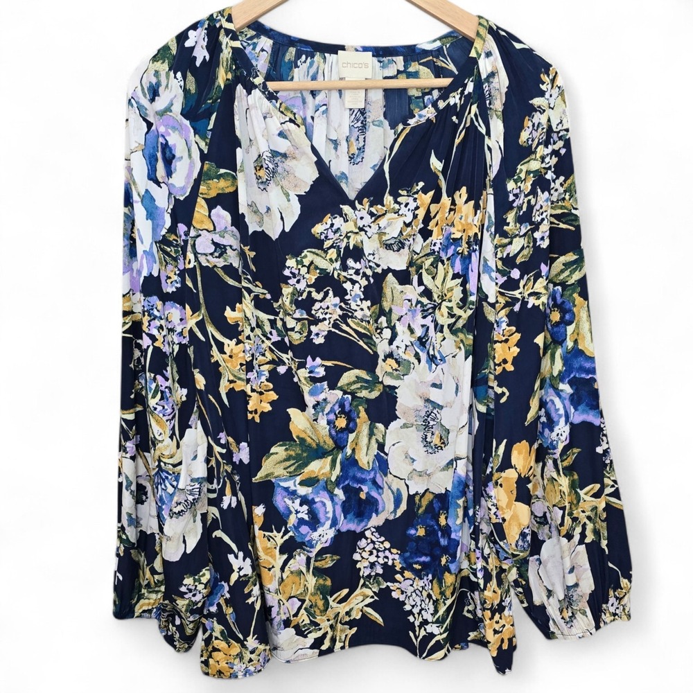 Chicos Top Womens 3 US‎ XL Navy Blue V Neck Floral Print Peasant Blouse Casual